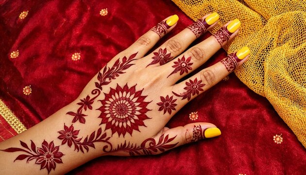 Beautiful Bridal Henna Tattoo Design on Woman's Hand with Yellow Nails and Red Traditional Saree Background