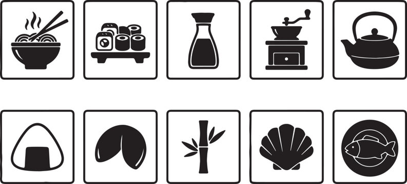 Square frames with Japanese food and drink icons ramen sushi soy sauce grinder teapot.