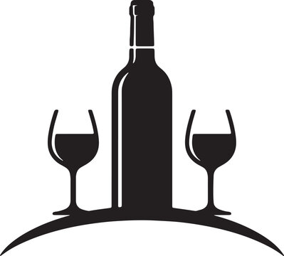 Wine bottle standing between two full stemmed glasses on curved line representing fancy beverage service flat vector icon for celebration event.