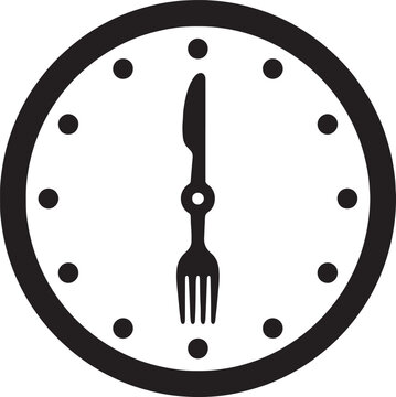 Dining time clock icon with knife and fork hands indicating lunch hour isolated silhouette for restaurant opening hours and food service timing.