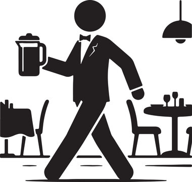 Waiter holding glass pitcher serving drinks in upscale dining room setting black icon illustration on isolated transparent background for design.