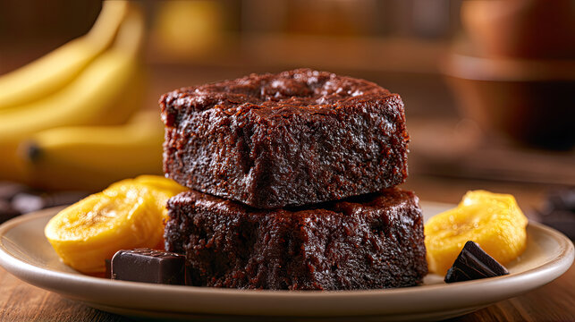 Stacked chocolate cake with banana slices and dark chocolate