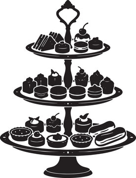 Three tiered stand filled with variety of sweet desserts cakes cupcakes sandwiches macarons and pastries for afternoon tea service display tray.