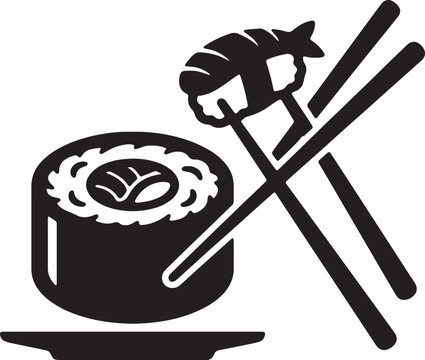 Sushi roll and nigiri with chopsticks vector icon for japanese restaurant menu design and asian cuisine branding isolated on transparent backdrop.