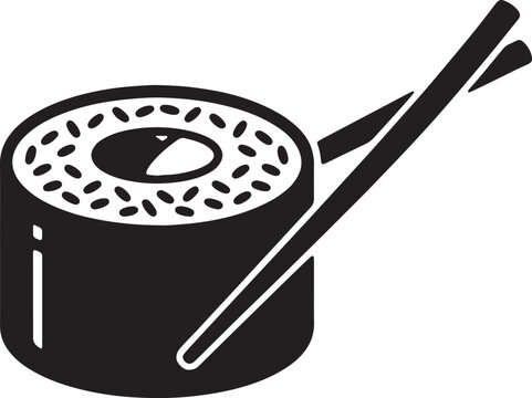 Sushi roll with chopsticks and sesame seeds icon, vector illustration isolated on transparent background, detailed food symbol.