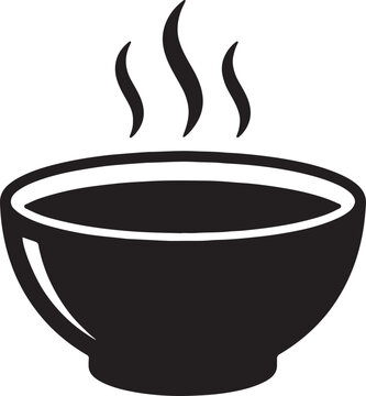 Hot soup bowl icon vector black, hot drink or food vector symbol, steam waves from a deep bowl, isolated vector art illustration.