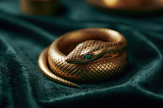 Golden snake sculpture with gemstone eyes on velvet surface