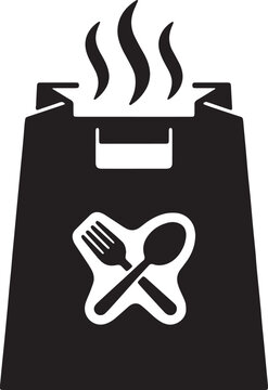 Hot takeaway food bag icon with spoon and fork, vector illustration isolated on transparent background, meal delivery symbol.