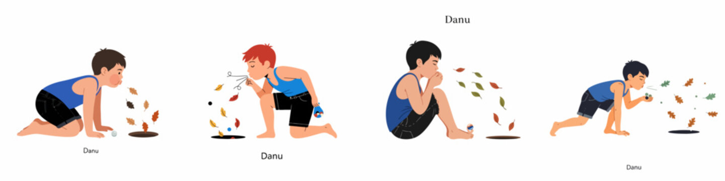 Four cartoon illustrations of a young boy named Danu playing a game with marbles and blowing air into a hole with autumn leaves.