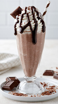 Tall chocolate milkshake with whipped cream and syrup