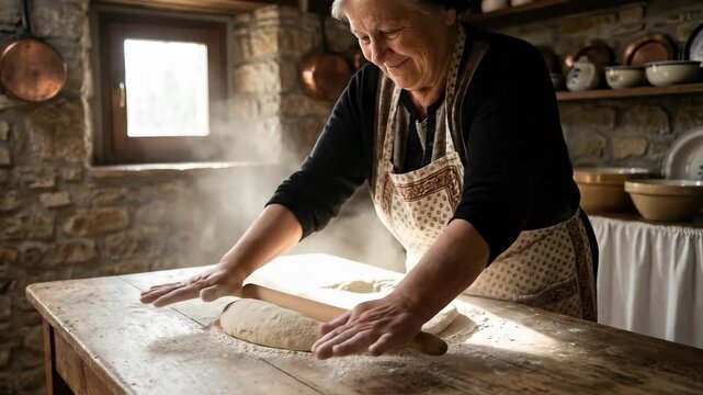 Elderly woman rolls dough on wooden table in rustic kitchen with stone walls. Natural light shines through windows. Concept of baking, cooking, heritage