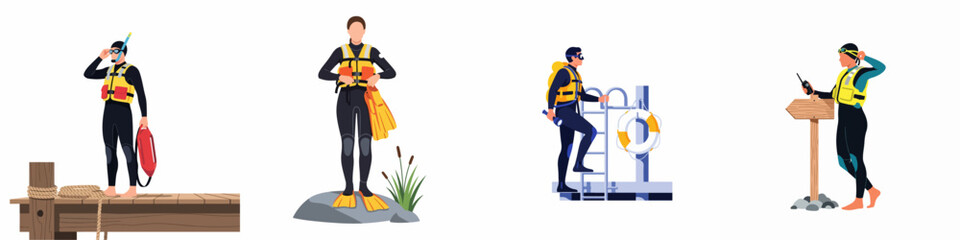 Set of Professional Search and Rescue Diver Characters in Wetsuits and Safety Gear © Sugik
