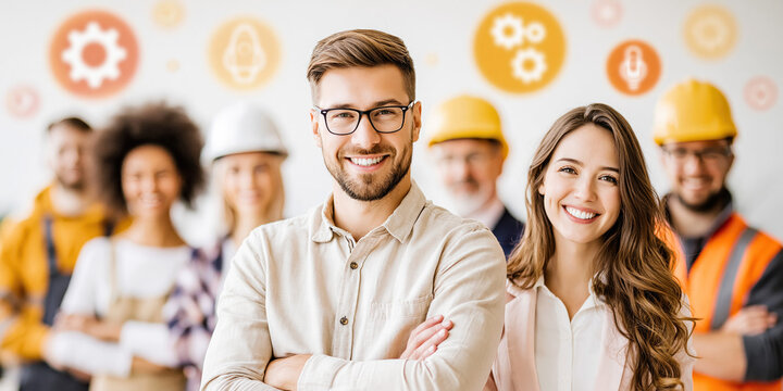 Group of people of different professions standing together, smiling diverse multiethnic workers and specialists team, horizontal recruitment background banner.