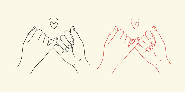 Pinky promise hands illustration set black and red line art on cream background