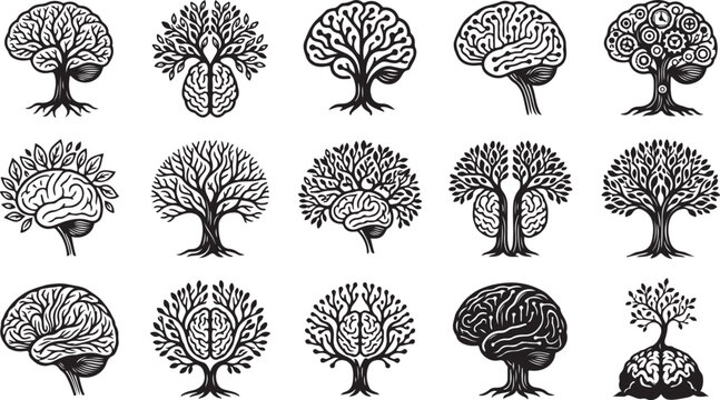 Black and white brain and tree illustration collection