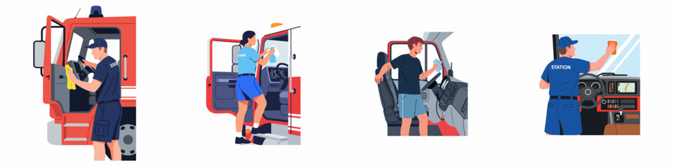 Fototapeta premium Vector illustration set of fire station workers cleaning and sanitizing the interior of fire trucks and emergency response vehicles.