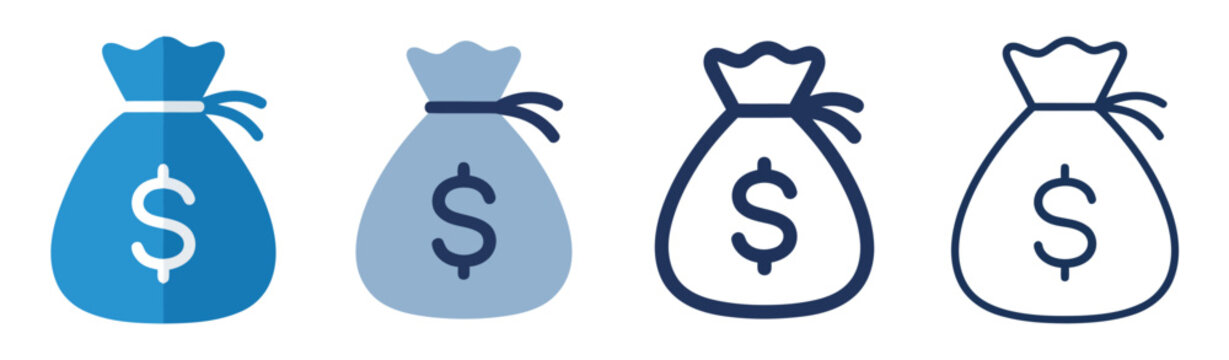 Set of blue money bag icons with dollar sign symbol for financial and banking business design Vector
