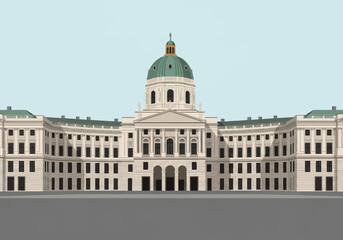 Obraz premium Flat vector illustration of the Hofburg Palace Michaelertrakt in Vienna Austria showcasing neoclassical architecture imperial facade and the iconic green dome against clear sky.