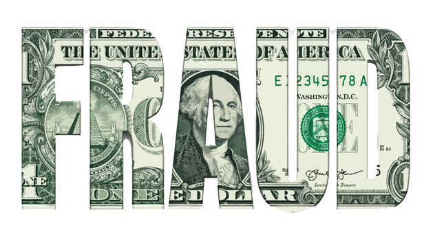 The word fraud written in bold capital letters using the texture of one dollar bills