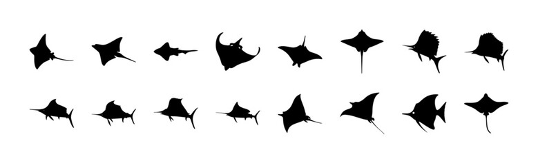 Obraz premium Black minimalist fish icons in different styles and directions - Simple set of sleek, minimalist black fish icons pointing in various directions, ideal for web design, apps, or presentations.