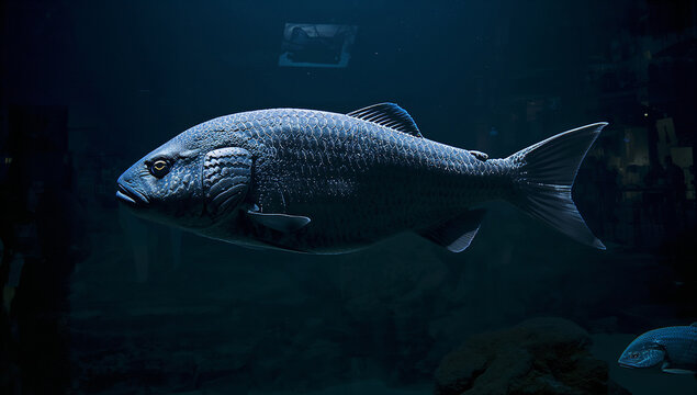 暗い展示水槽でゆっくり泳ぐ古代魚シーラカンスの写真
