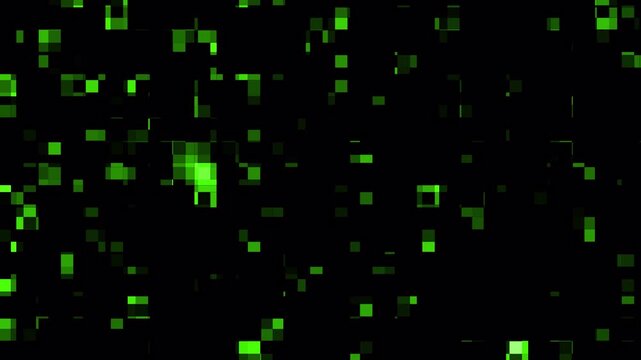 Glowing green pixel blocks on dark binary matrix background. Suitable for technology, digital, coding, and abstract design projects.