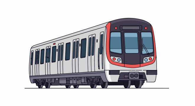 A modern multi-car train with gray white and red accents designed for urban transit