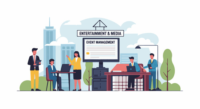 Business professionals coordinate event management in a modern city with entertainment and media backdrop