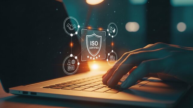 Person typing on laptop keyboard with holographic iso certification overlay graphic certification technology security hologram standards compliance business