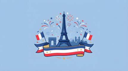 Bastille Day Fete Nationale Vector Illustration, Flat Design Paris Skyline Banner with Eiffel Tower, Fireworks, Notre Dame, and French Tricolor Ribbon