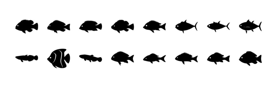 Black and white fish icons set in a row - A clean set of stylized black fish icons arranged in two rows for easy graphic use, perfect for web or print designs.