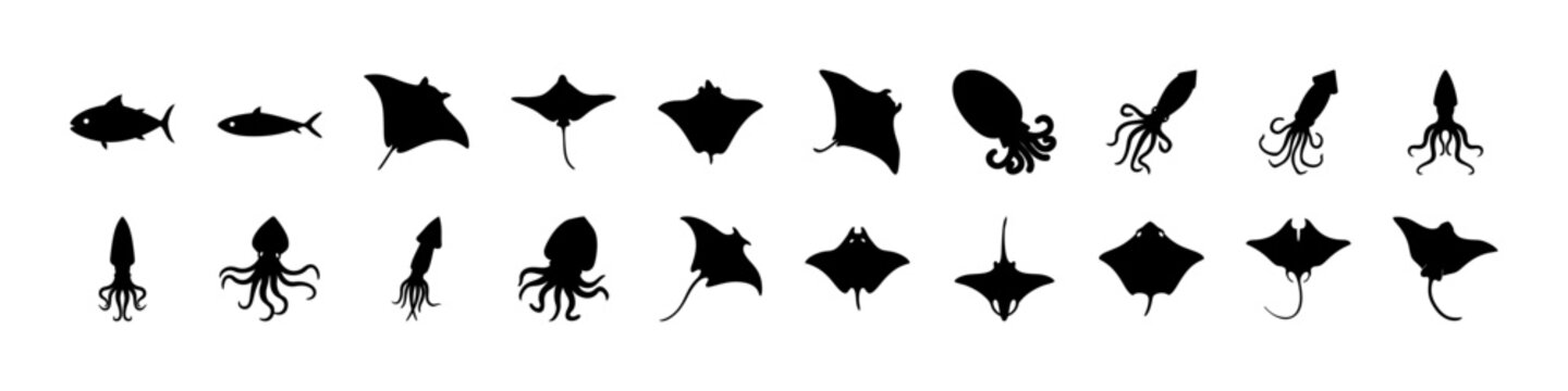 Black and white sea creature icons set - A stylized collection of black silhouettes featuring various sea creatures like fish, squid, and sharks in a minimalist icon style.