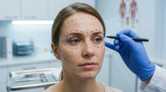 Plastic surgeon marks patient's face with purple lines for cosmetic surgery procedure
