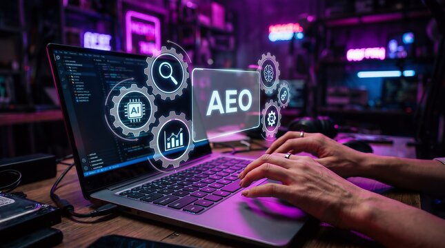 Coder working on laptop with aeo digital interface icons and complex data structures displayed programming software hologram technology interface development