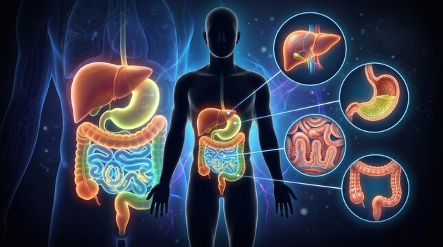Detailed 3D illustration of the human digestive system and its organs