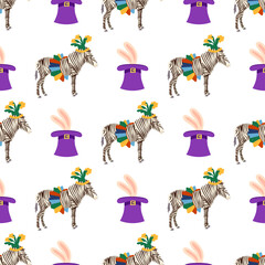 Obraz premium Seamless pattern with CIRCUS theme. Clowns, strongmen, lions, magic hat, hare in hat, holiday balloons tents. Circus characters. Cartoon flat style