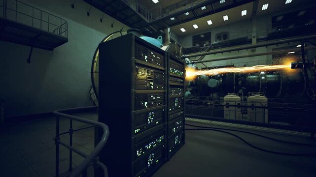 Dimly lit server rack inside facility, rows of illuminated leds, dense cable bundles and tangled harnesses, rack mounted storage and accelerators, industrial