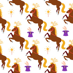 Obraz premium Seamless pattern with CIRCUS theme. Clowns, strongmen, lions, magic hat, hare in hat, holiday balloons tents. Circus characters. Cartoon flat style