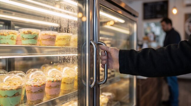 Customer reaching into refrigerated display case to select dessert in cafe with glass shelves refrigerator customer selection business interior purchasing prepared