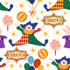 Naklejka premium Seamless pattern with CIRCUS theme. Clowns, strongmen, lions, magic hat, hare in hat, holiday balloons tents. Circus characters. Cartoon flat style