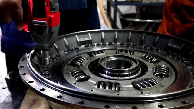 Close up of a technician's hand operating a cordless impact driver to tighten bolts on a large metallic clutch assembly or torque converter.