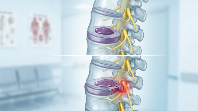 Illustration comparing a healthy spine disc to a herniated disc compressing a nerve
