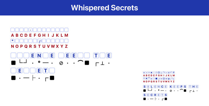 Symbol cipher puzzle, geometric shapes code, blue and white, brain teaser with solution, words "Whispered Secrets" concept