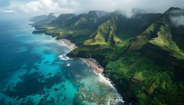 Aerial View of Tropical Coastline with Green Volcanic Mountains and Turquoise Ocean