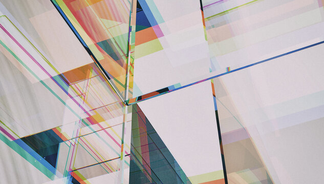 Abstract 3D Render of Modern Glass Architectural Background with Glitch and Noise Effects