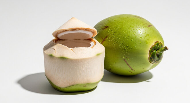 Fresh Young Coconut with White Flesh and Water, Tropical Summer Fruit on Clean Background