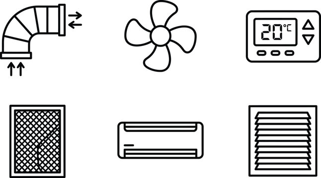 HVAC engineering icon set with air duct and thermostat symbols