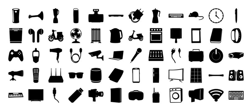 Flat icons set of modern everyday objects - A clean collection of flat icons depicting common daily objects like electronics, tools, and household items in black and white.