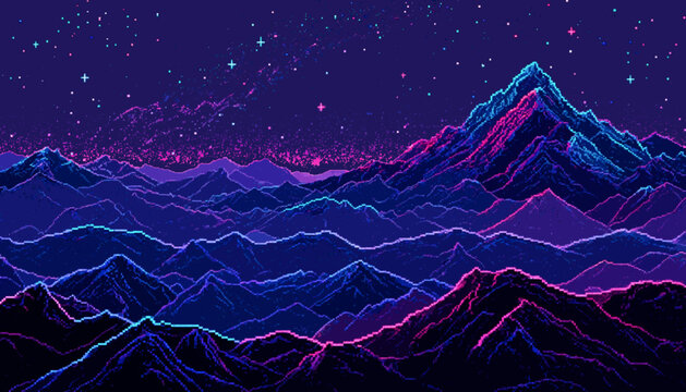 Synthwave neon mountain landscape with starry galaxy night sky in retro cyberpunk 80s pixel art