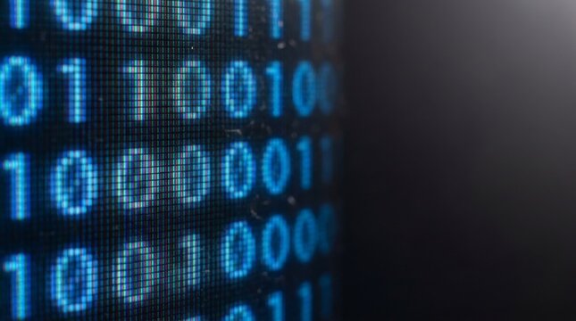 Close-up of glowing blue binary code on a dark, textured background with subtle light flares